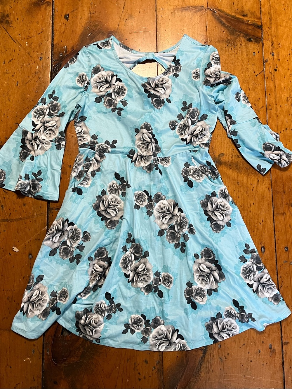 JUSTICE 14 16 XL Sky blue pastel black white floral dress